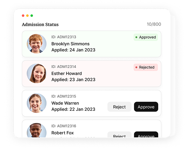 Student admission status screen