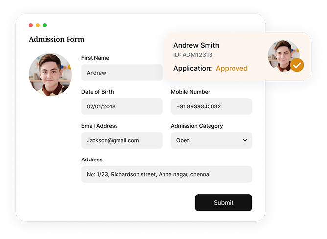 Student admission form screen