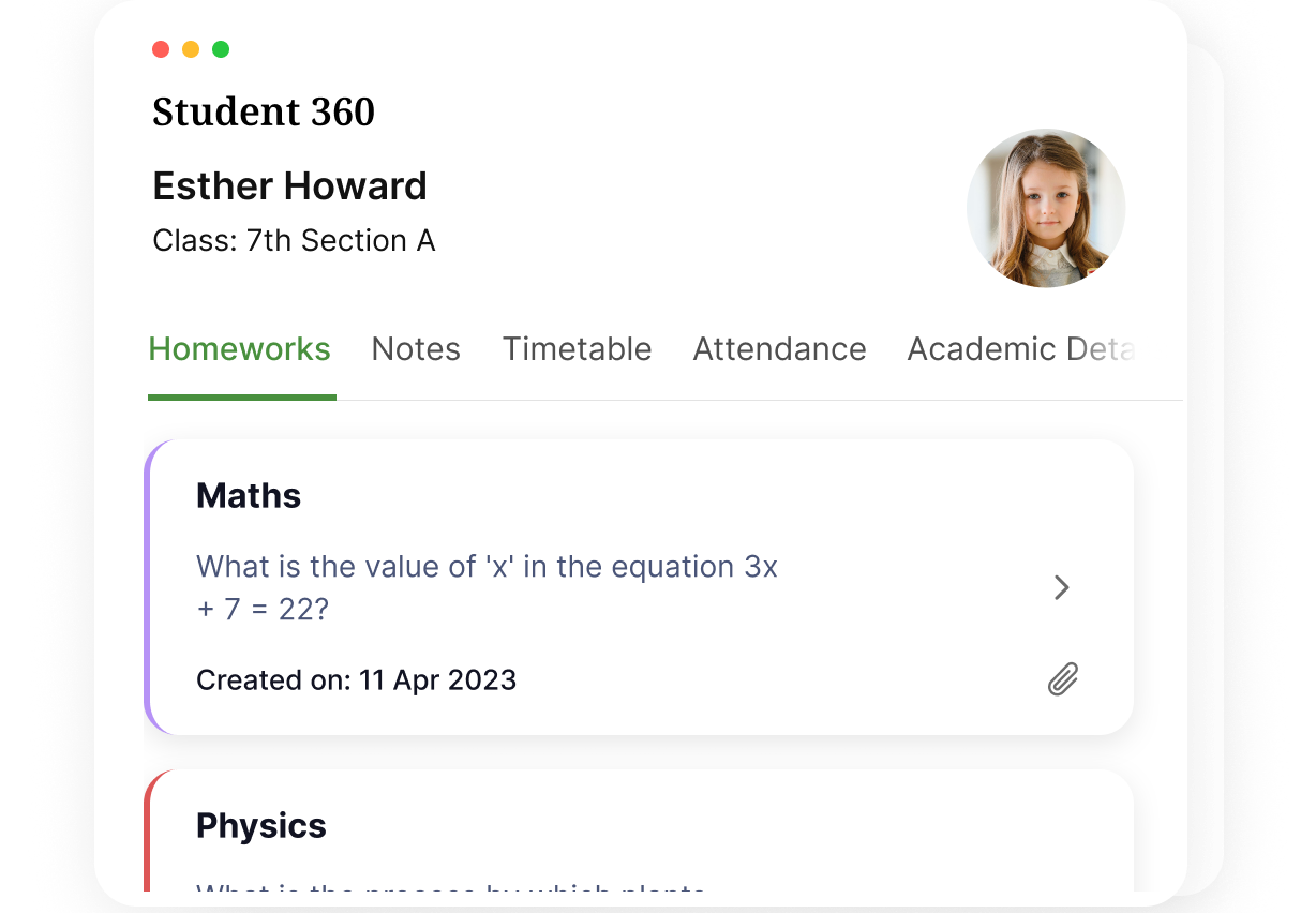 Homework details in student 360 screen