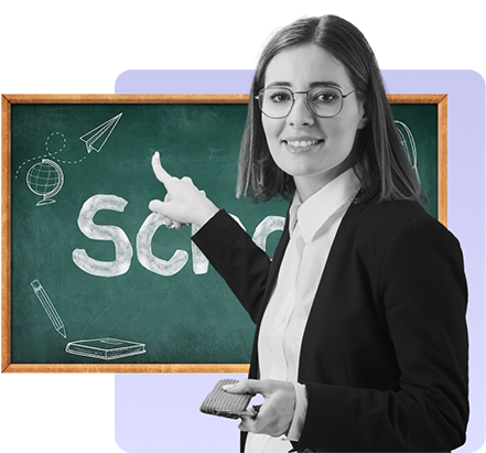 A school teacher pointing her finger at the blackboard 