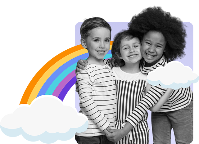 Three kids hug in front of a colourful rainbow