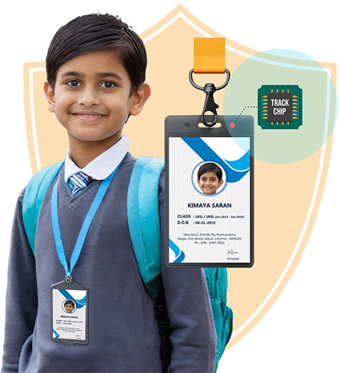 A school student wearing an ID card with a tracking chip on it