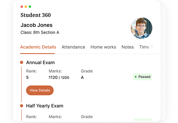 Academic details in Student 360 screen