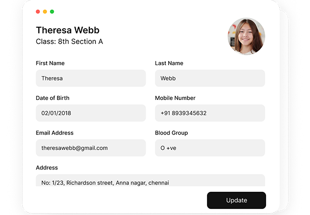 Student details update form screen