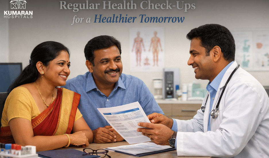 Doctor explaining health check-up test reports to the couple during a preventive healthcare consultation.